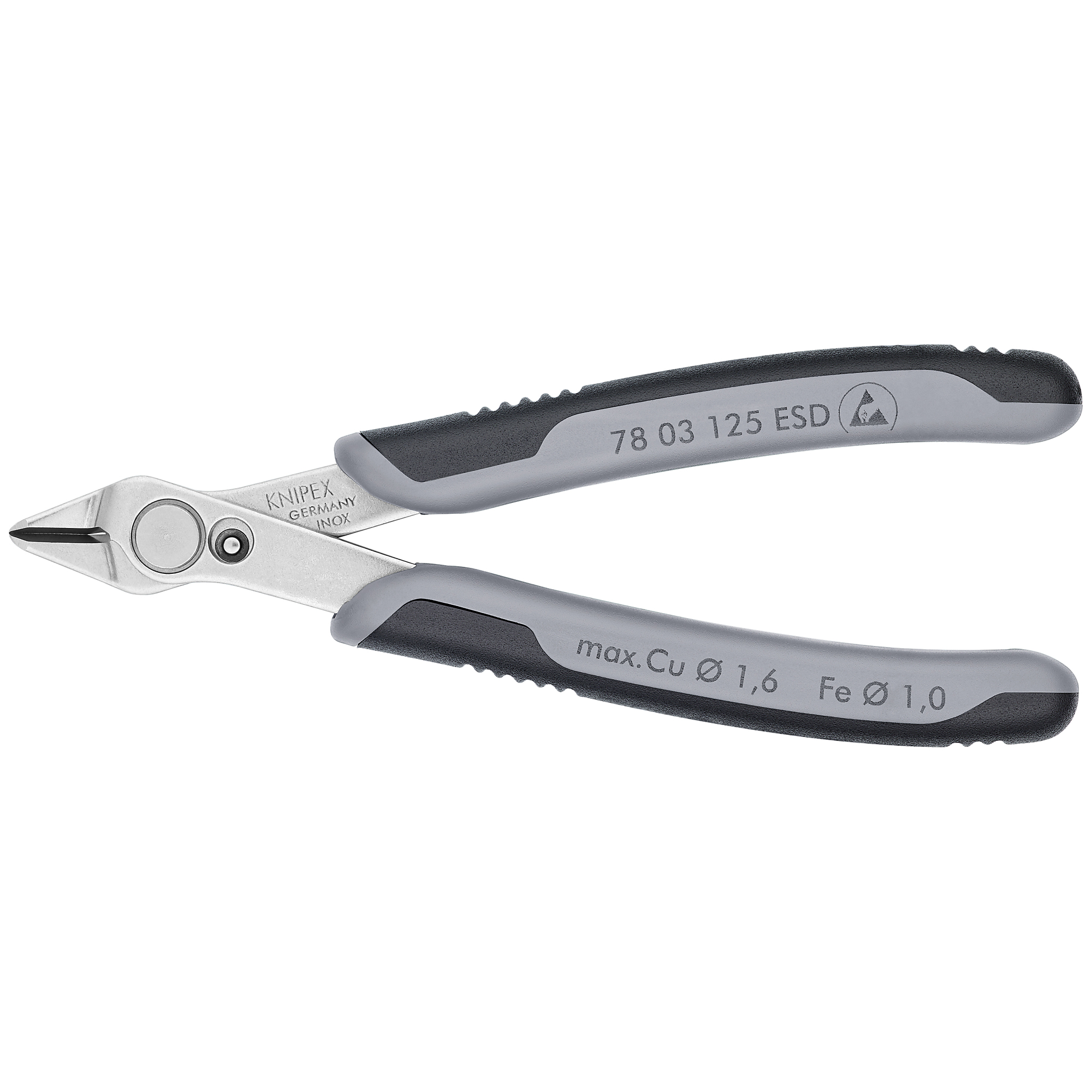 KNIPEX Electronics Super Knips - 5in., Comfort Grip, Steel, 0.063in. Jaw Capacity, ESD Handles, Model# 78 03 125 ESD